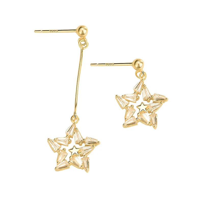

925 Silver Plated 14K Gold Fashion Five-Pointed Star Elegant Party Shiny Zircon Ear Pendant Earrings Jewelry for Women Gift New
