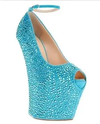 

Luxury Bling Bling Crystal Wedge Shoes Peep Toe Super High Platform Rhinestone Ankle Boot Ankle Strap Height Increasing Pumps
