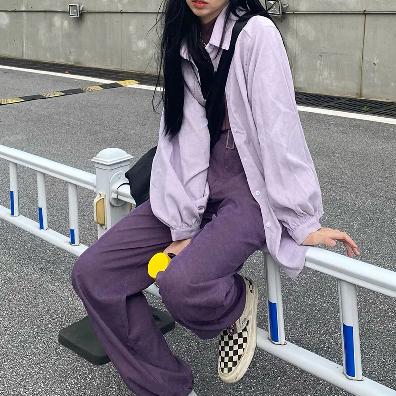 

Women 2021 Fashion Pockets Oversized Corduroy Shirts Vintage Long Sleeve Asymmetric Loose Female Blouses Chic Shirts Ladies