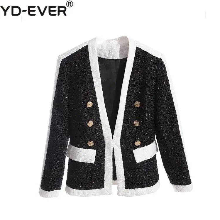 Женское твидовое пальто в стиле пэчворк черная и белая двубортная шерстяная