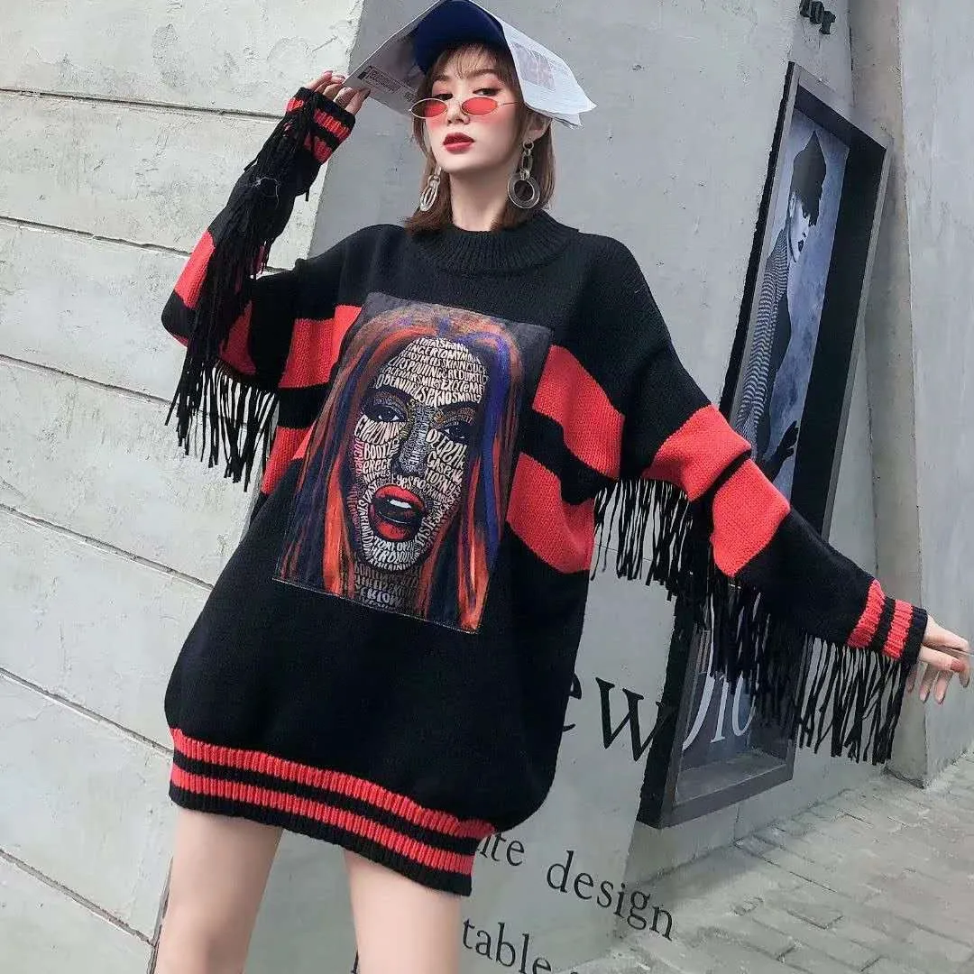 

2020 Autumn and winter Fashion Brand Women's punk Sweater Women's Personality tassel sleeves loose mid-length knitted Pullover