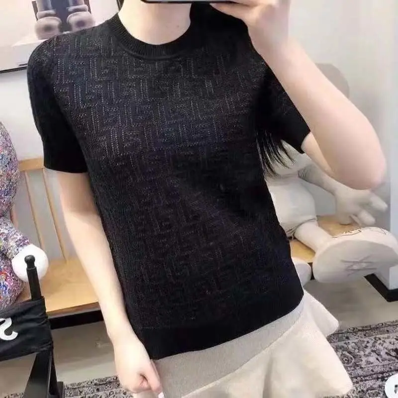 

2021 Spring and Summer New Lettered Hollow Out T-shirt Solid Color Versatile Loose Pullover Short Sleeve Women's T-shirt Sweater