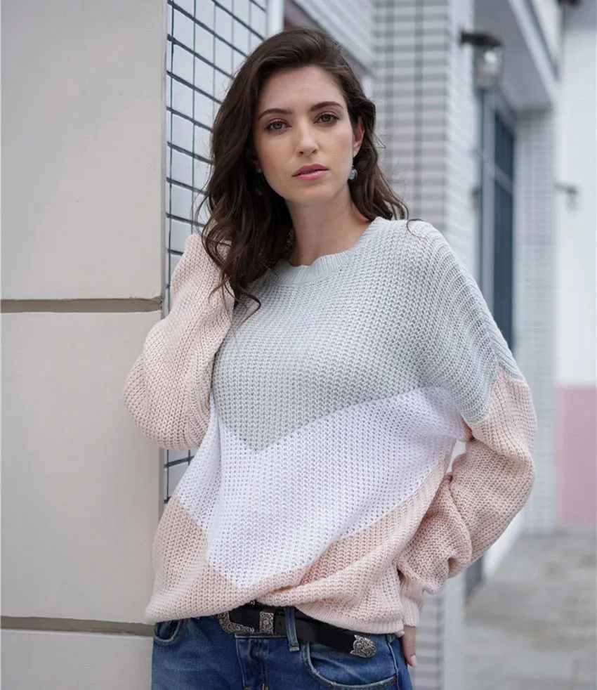 Beige OOTN лоскутный вязаный женский пуловер Повседневный свитер с круглым вырезом и длинными рукавами женский осенне-зимний свободный джемпер осень уличная одежда - Цвет: Beige