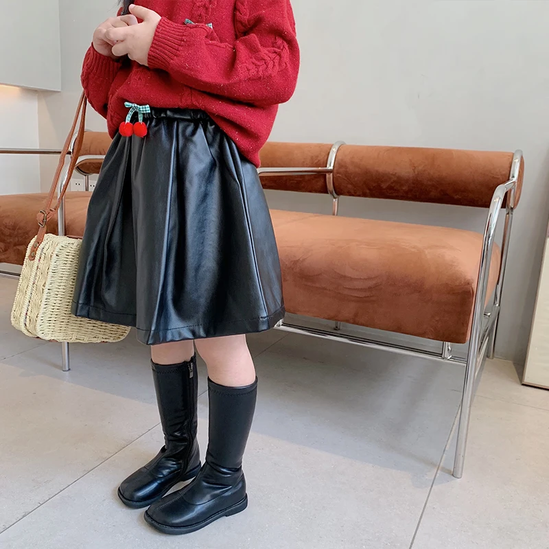 

MILA CHOU 2021 Autumn Winter Girls Faux Leather Skirt Kids Korean Fashion Baby Children Leather Umbrella Pleated Skirt Clothes