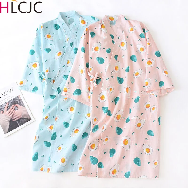 Летнее кимоно из 100% хлопка с марлей авокадо халат ночная рубашка японский милый