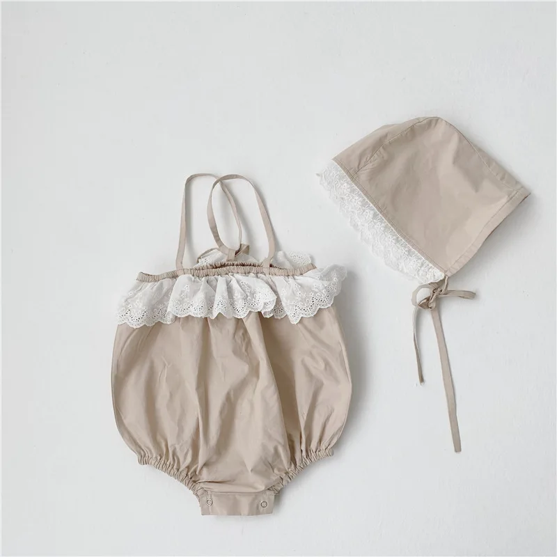 

baby clothes summer baby girls clothing Suspenders lace baby bodysuits cute lace hat infant girls one piece