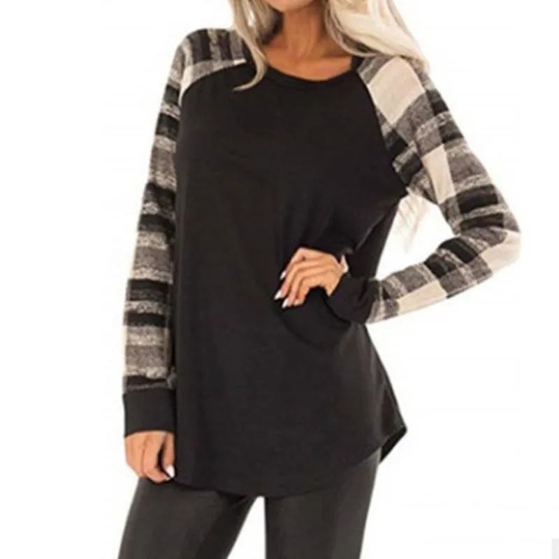 plaid Осень, женская футболка с длинным рукавом, женские топы размера плюс, свободные футболки с карманами и круглым вырезом, женская футболка, Femme 3XL - Цвет: plaid