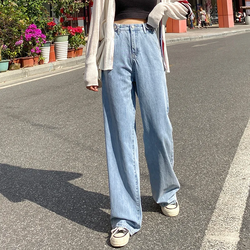 

Harajuku High Waist Drape Wide-Leg Jeans Women Autumn 2021 New Retro Oversized Wild Straight Ins Pants Ladies Streetwear