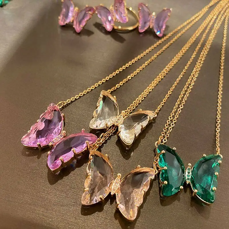 

Crystal Butterfly Necklaces For Women Teens Girls Colorful Butterfly Pendant Korean Necklace O-Chain Daily Party Fashion Jewelry