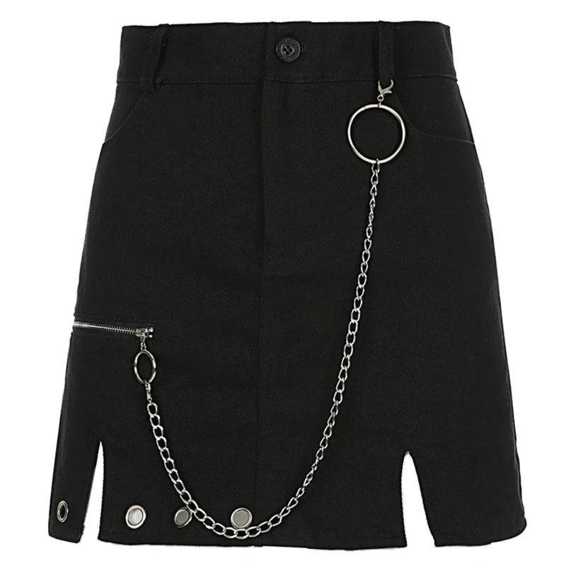 

Women Gothic Punk High Waist A-Line Black Mini Skirt Zipper O-Ring Metal Chain Patchwork Split Hem Harajuku Streetwear
