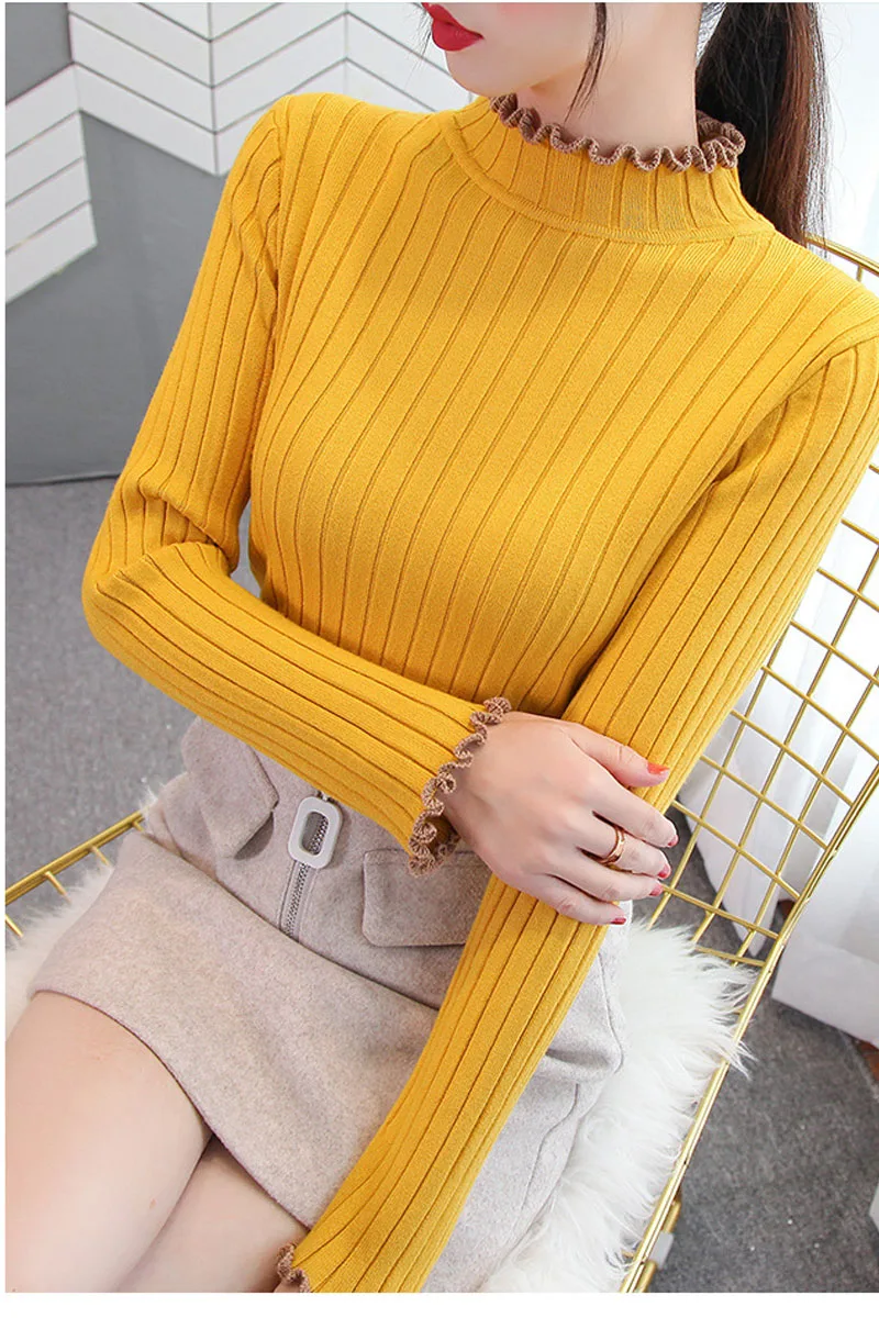 Sweater female autumn and winter new tight-fitting slim pleated collar pullover head solid color wild bottoming sweater women | Женская