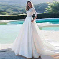 elegant satin wedding dresses half sleeves a line appliqued princess bride dress rhinestone belt beach wedding gowns boho luxury