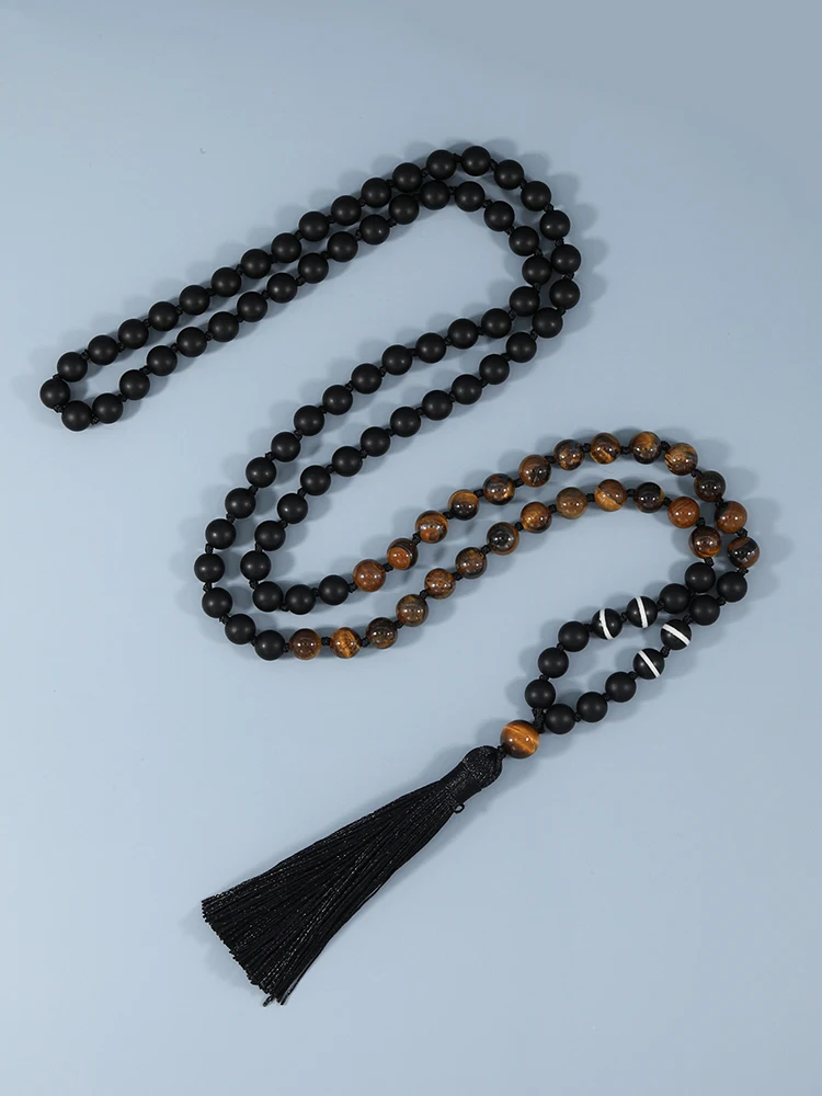 Ожерелье с кисточкой из натурального черного агата 108 Mala Beads ожерелье желтыми