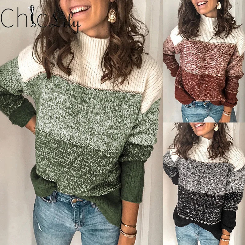 

Chiclily Casual Stripe Mixed Color Contrast Sweater Long Sleeve Patchwork Turtleneck Top Women Pullovers