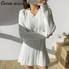 Женское трикотажное мини-платье, плотный свитер с V-образным вырезом, синего цвета, в Корейском стиле, для осени и зимы