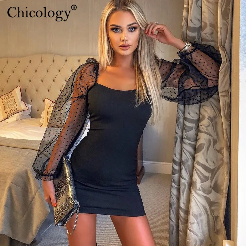 Chicology сетка сеткой в горошек горох длинное фонари рукавами мини платье женское