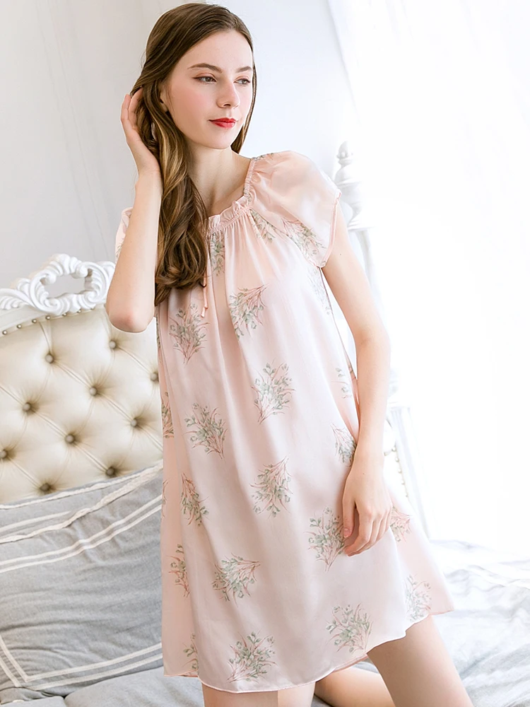 100% Silk Nightgown Women Summer Pure Silk Night Skirt Female Sleepwear Homewear Printed Natural Silk Bedgown Home Night Dress
