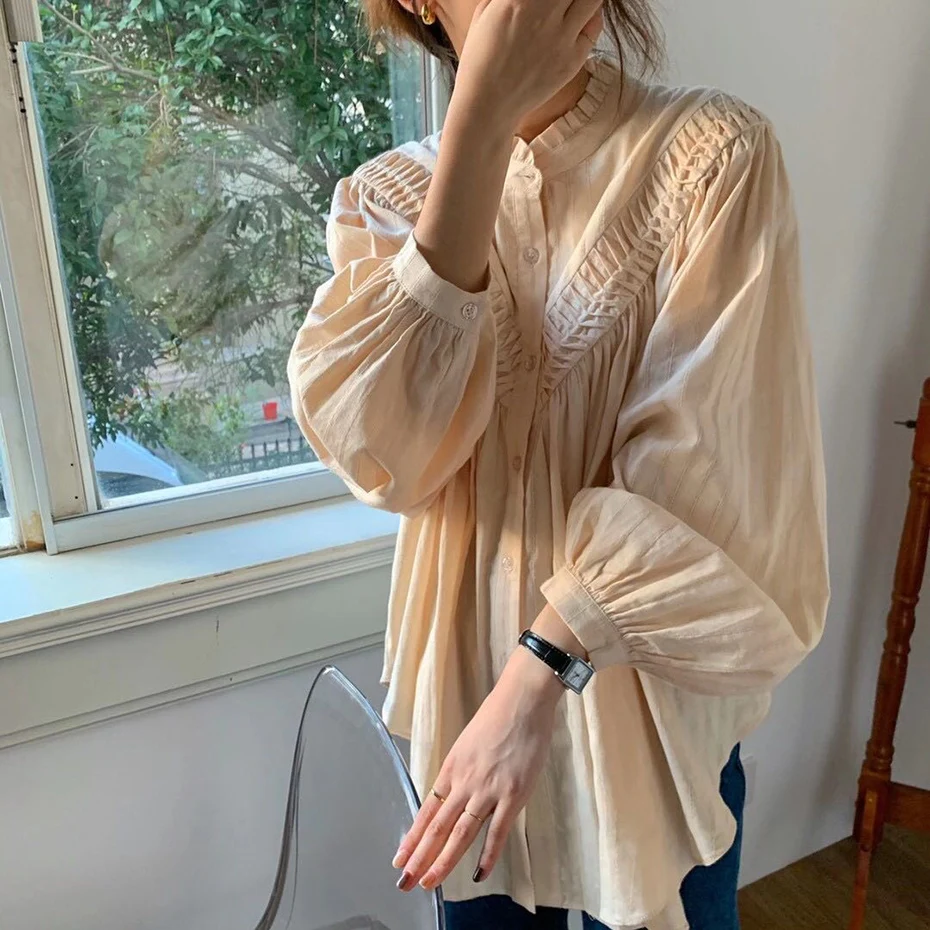 

Embroidered Single Breasted Loose Lantern Sleeve Shirt Women Korean Style Women Blouse Elegant Ruffles Blouse Ladies Pleated