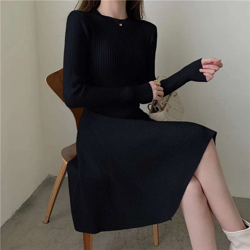 

HziriP 2021 New Elegant Knitted Sweater Dress Women OL Autumn Winter Bottoming Dress Slim-fit High Waist Knee-length Dresses