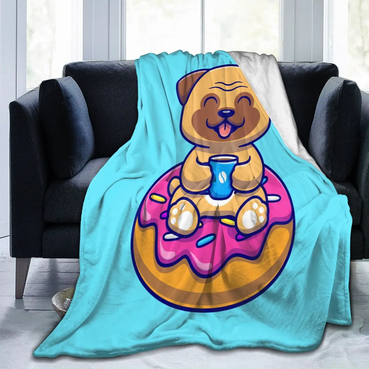 

Flannel Blanket Cute Pug Dog With Coffee Doughnut Light Mechanical Wash Warm Soft Blankets Throw on Sofa Bed Travel Patchwork