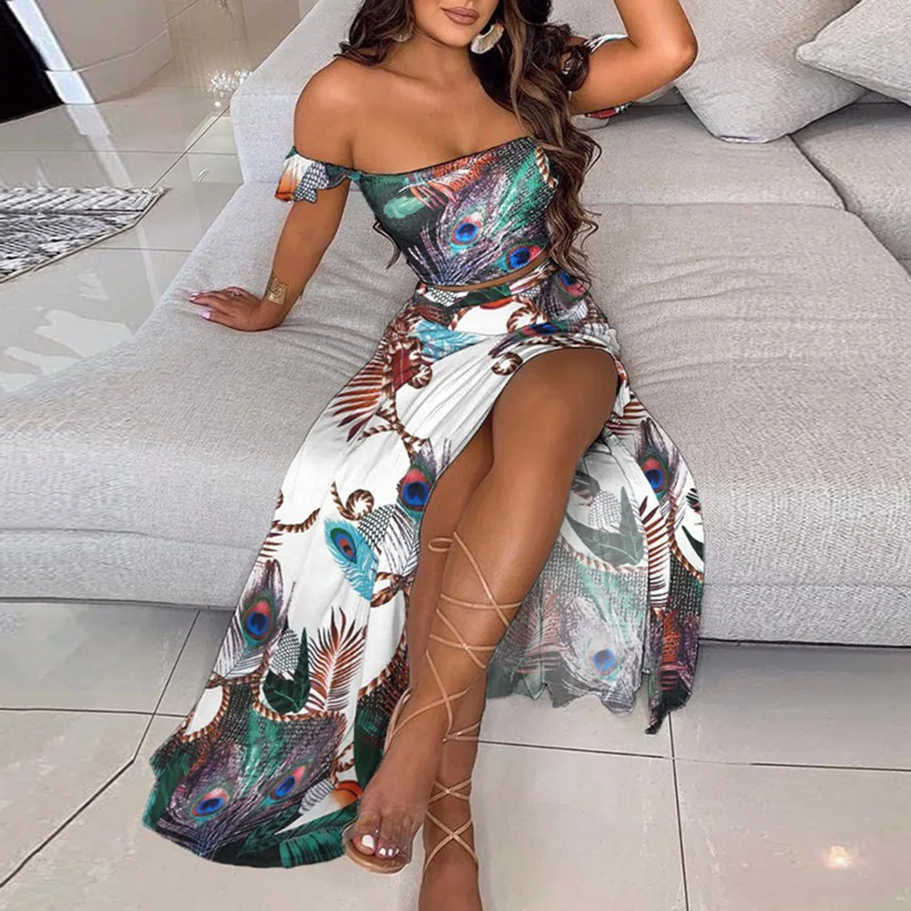 

Summer Casual Skirt Outfits Women Elegant Sexy Off Shoulder Tops And Split Long Dress Suits Fashion Floral Print Two Piece Sets