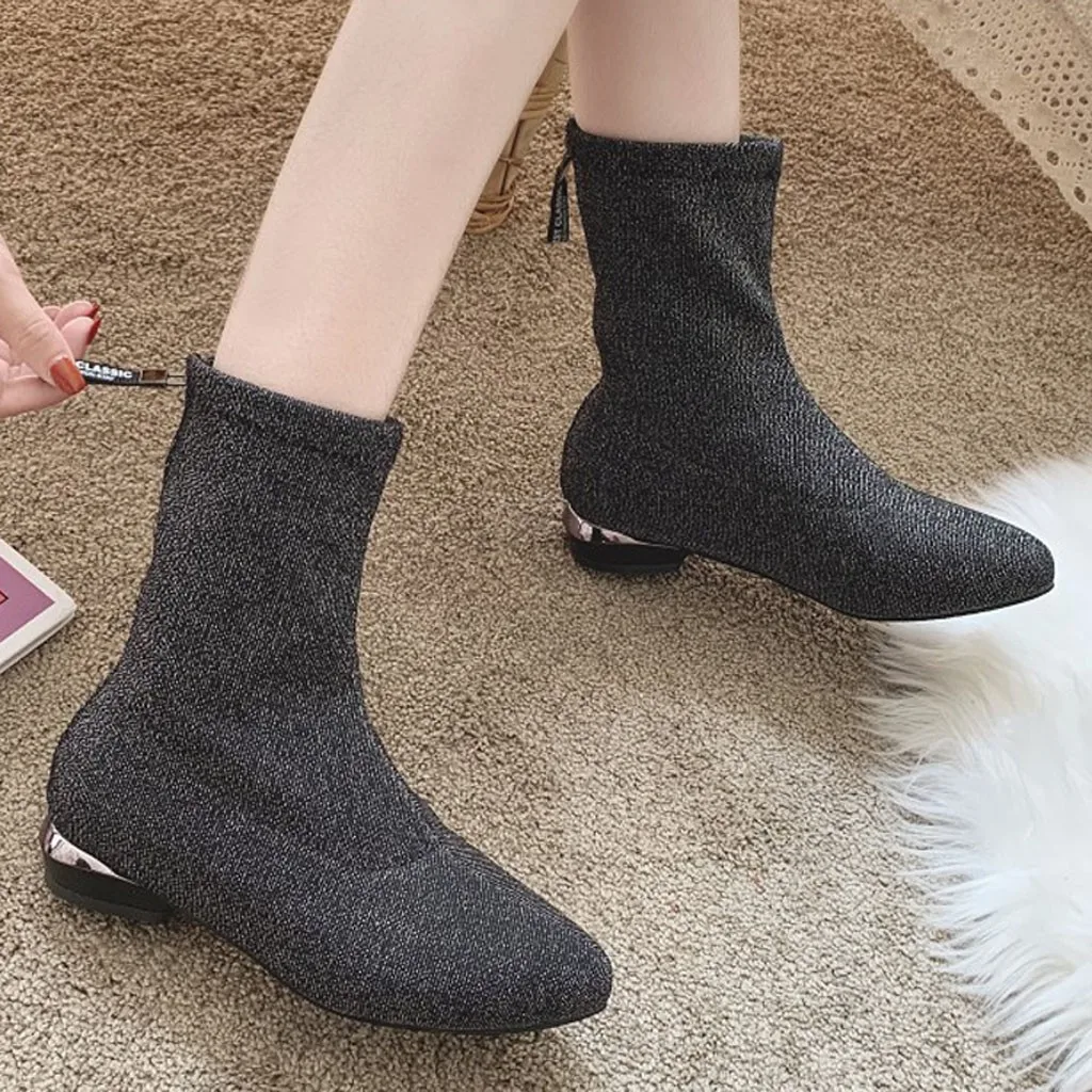 Модные женские носки из эластичной ткани сапоги на квадратном каблуке с молнией