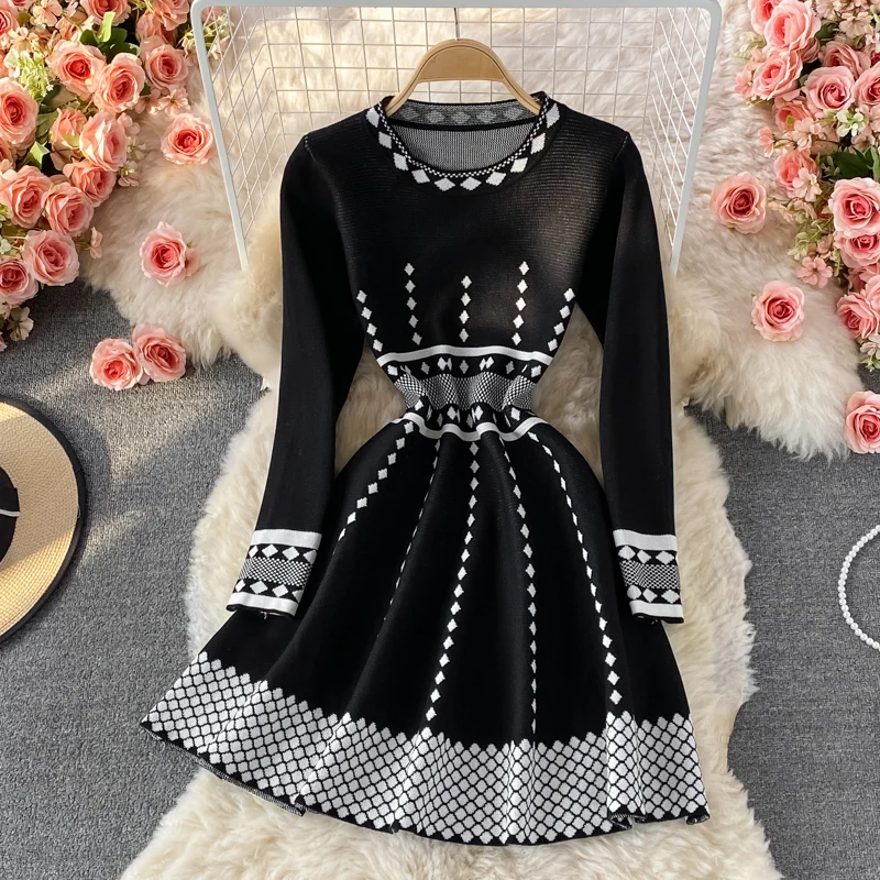 

Female Women Korean Knitted Fashion Long Sleeve O Neck Dresses Fall Winter Casual Streetwear Sweater Dress Vestido
