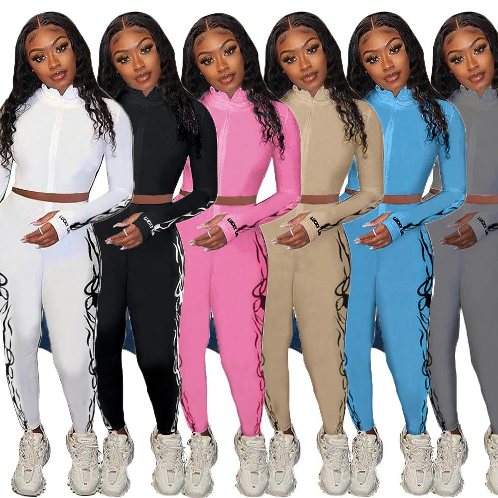 

New European Autumn and winter Women's Outfits Half High Collar Long high-level print thread casual sports two-piece suit