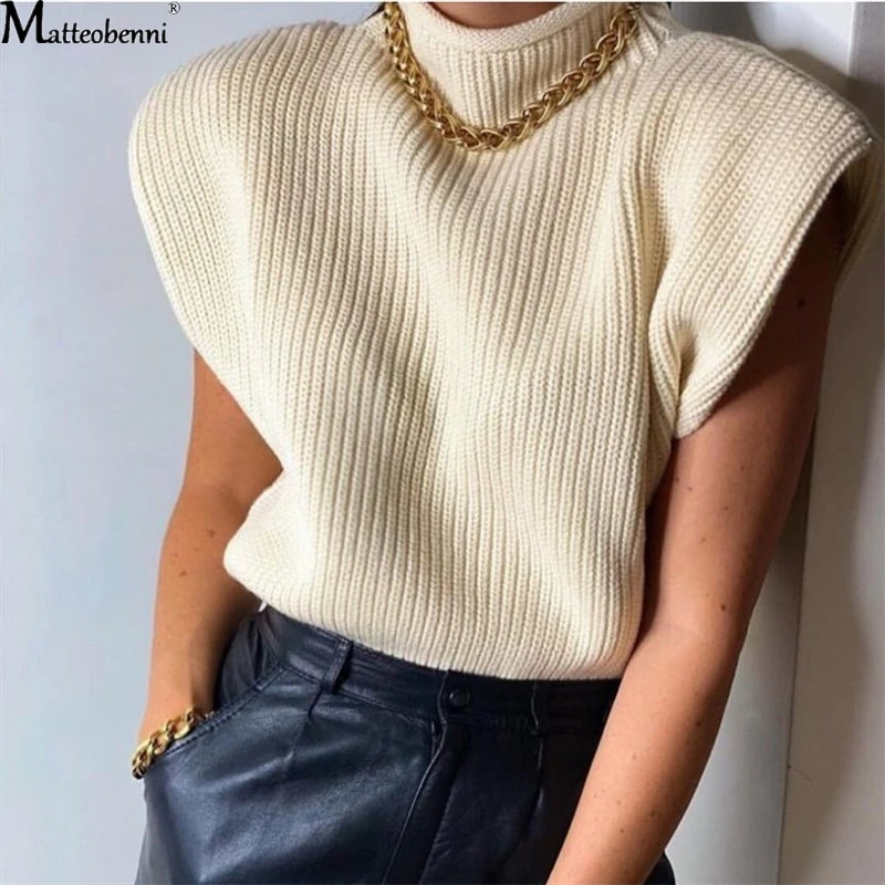 Autumn Winter Women Knitted Solid Turtleneck Sleeveless Sweater Casual Pullover Basic Shoulder Pads Elegant Jumper Tops | Женская одежда