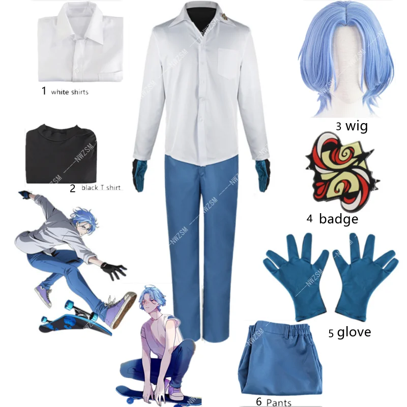 

Костюм для косплея SK8 The Infinity Anime Langa Hasegawa, Короткий голубой парик SK Eight, рубашка, брюки, перчатки, значок, униформа, костюм для аниме-вечеринки