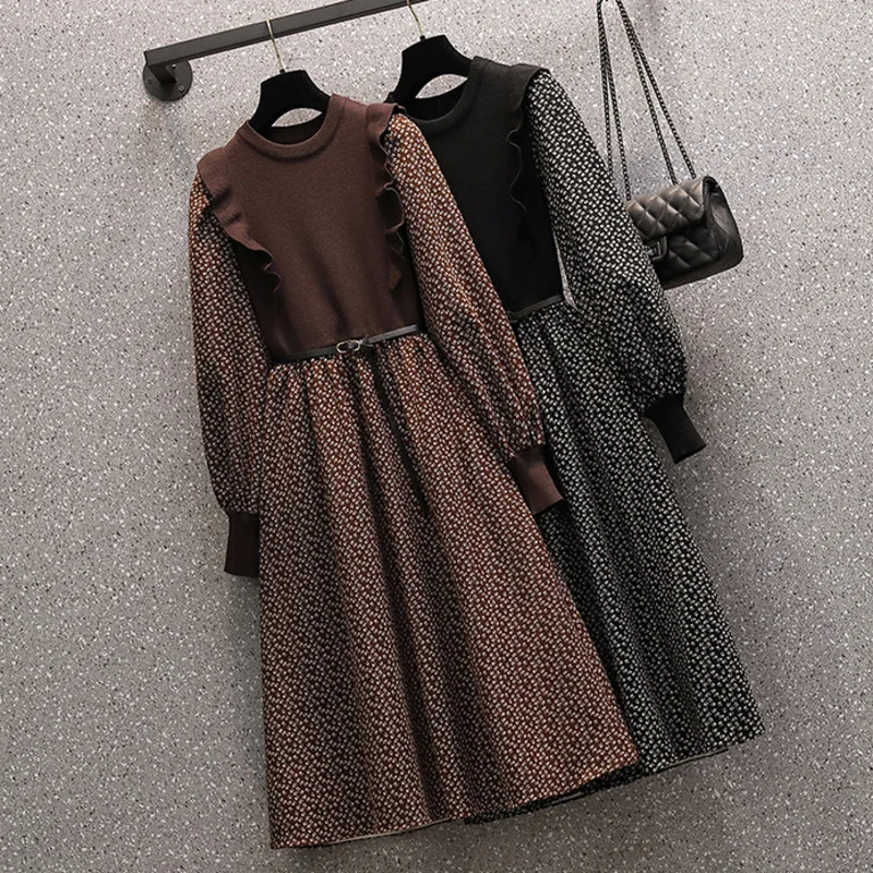 

Autumn and Winter French Thickened Frosted Round Neck Floral Stitching Waist Show Thin Medium Length Bottom Dress 2088
