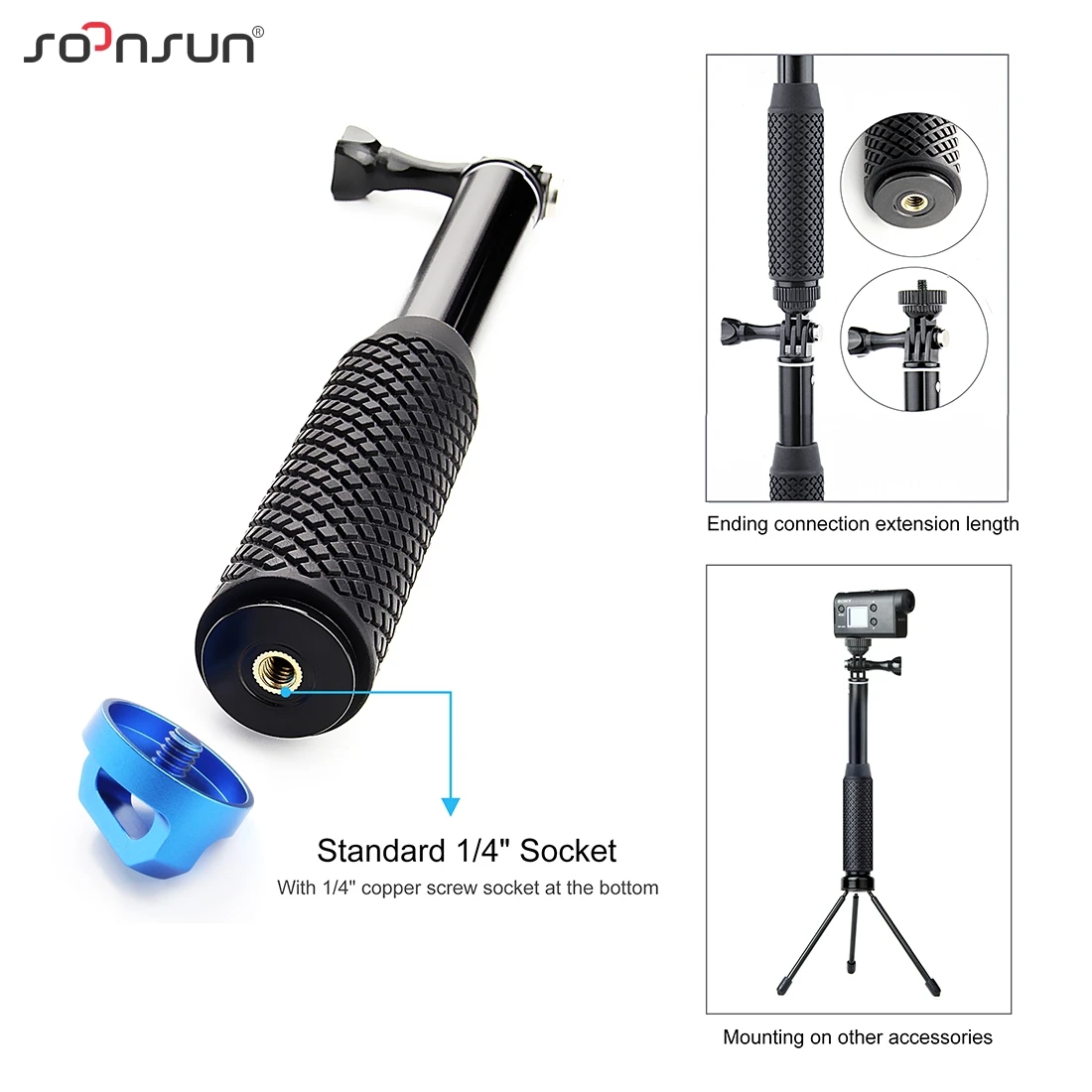 SOONSUN алюминиевый выдвижной монопод шест палка для селфи GoPro Hero 11/10/9/8/7/6/5/4 Макс 1/4