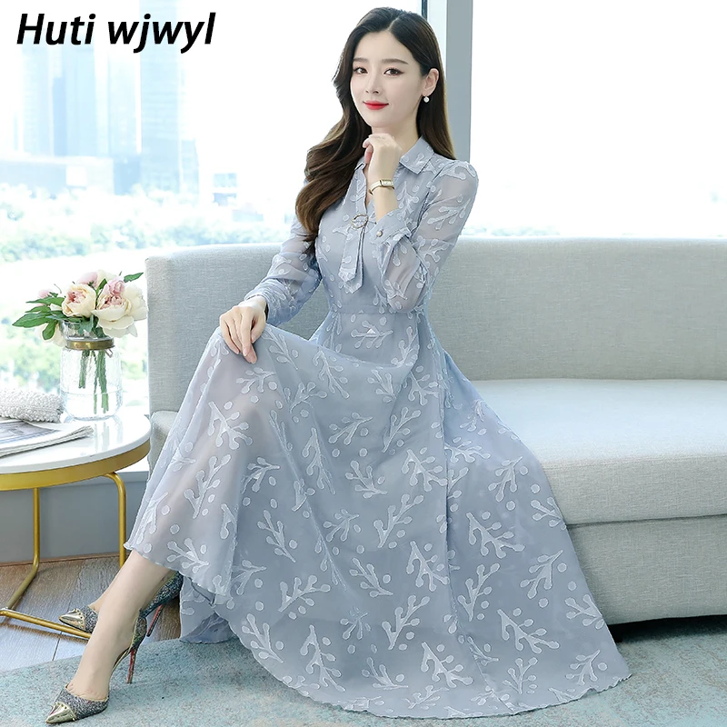 

2022 Elegant Pink Jacquard Chiffon Midi Dresses Autumn Winter Vintage Black Evening Maxi Dress Women Casual Bodycon Party Dress