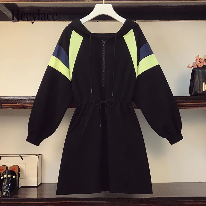 

Plus Size Women Casual Hoodie Sport Cotton Dress 2022 Winter Long Sleeve Fashion High Waist Dress Patchwork Sweatshirt Dresses