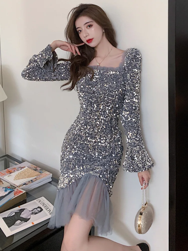 

Женское вечернее платье-русалка, блестящее миди-платье из сетчатой ткани с блестками, ручной работы, для дня рождения и выпускного вечера, ...