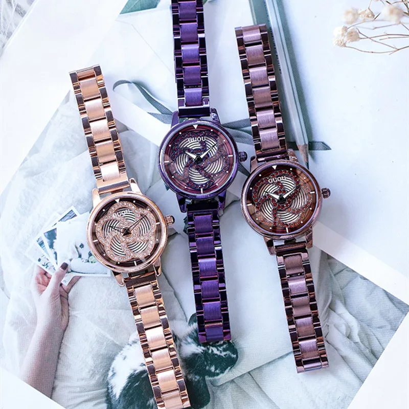 

Crystals Flowers Spinning Watches for Women GOOD LUCK Gifts Romantic Floral Wrist watch Full Steel Bracelets Clocks Waterproof