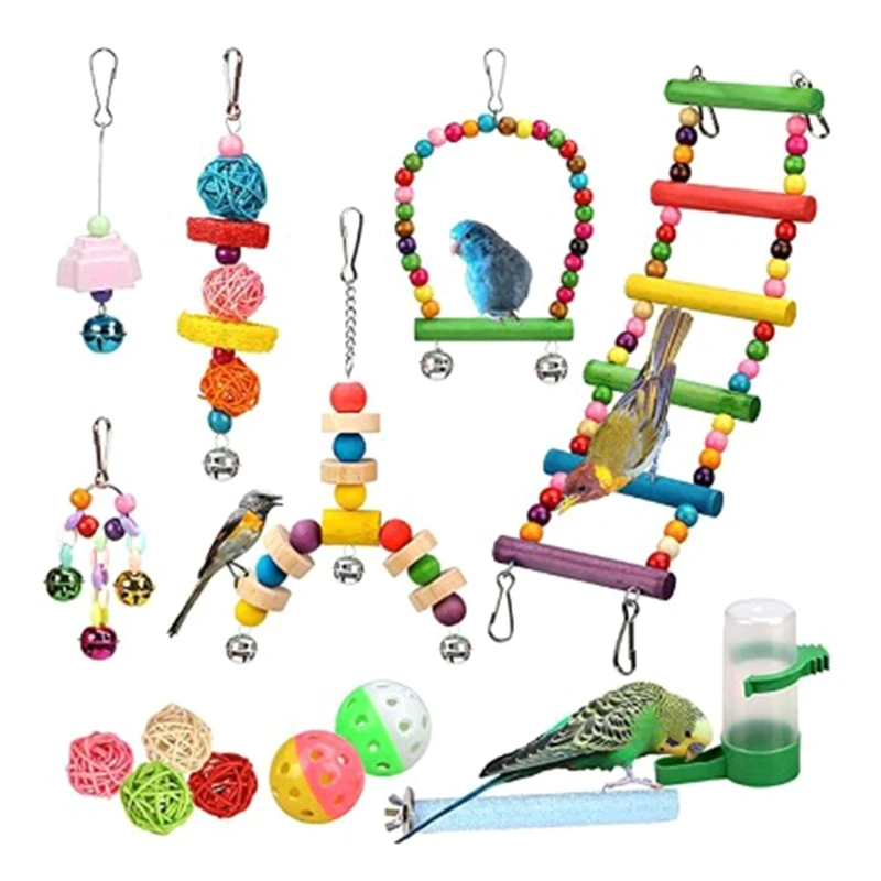 

Bird Training Toys Set 14-Piece Parrot Chew Toy Colorful Safe Material Swing Ladder for budgie Parakeet Cockatiel Macaw Y5GB
