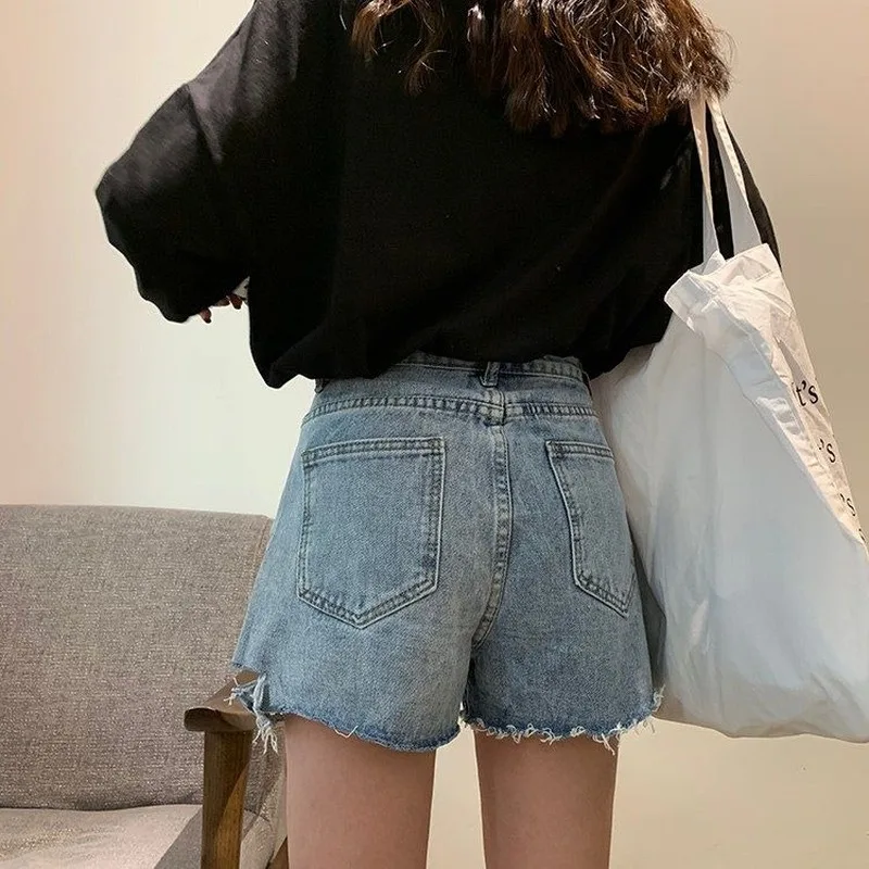 

Shorts Women Summer Denim High Waist Holes Ripped Letter Embroidery Womens BF Street Wear Ulzzang Students Fur-line Leisure New