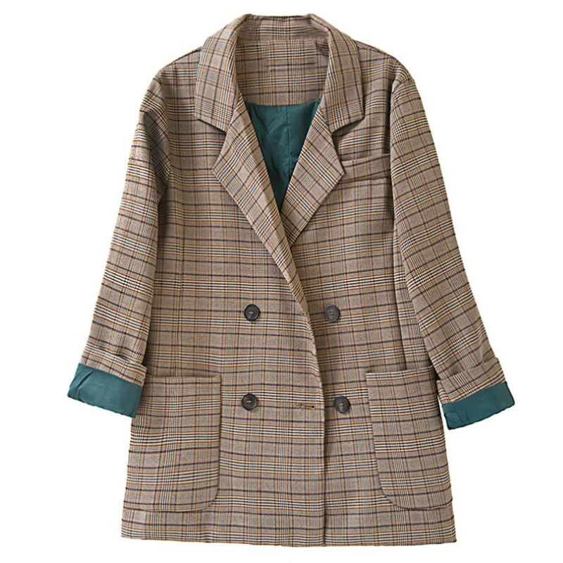 

2021 Autumn Vintage Double Breasted Office Ladies Plaid Blazer Longsleeve Loose Retro Suits Coat Jacket Women Blazers Female