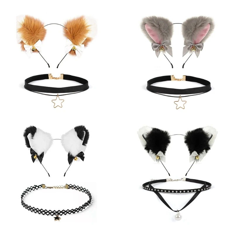 

Повязка на голову с кошачьими ушками, Плюшевые Милые кошачьи ушки с бантом, набор чокеров-колокольчиков, пушистые головные уборы, ожерелье с...
