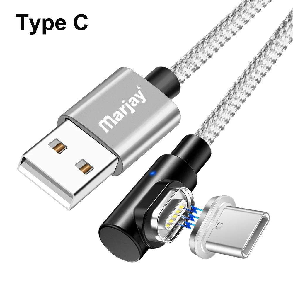 Магнитный кабель Marjay, 90 градусов, Тип C, Micro USB C, быстрая зарядка, Microusb type-C, магнитное зарядное устройство, usb c, зарядный Шнур для iphone 7, 6 - Цвет: Silver Type C Cable