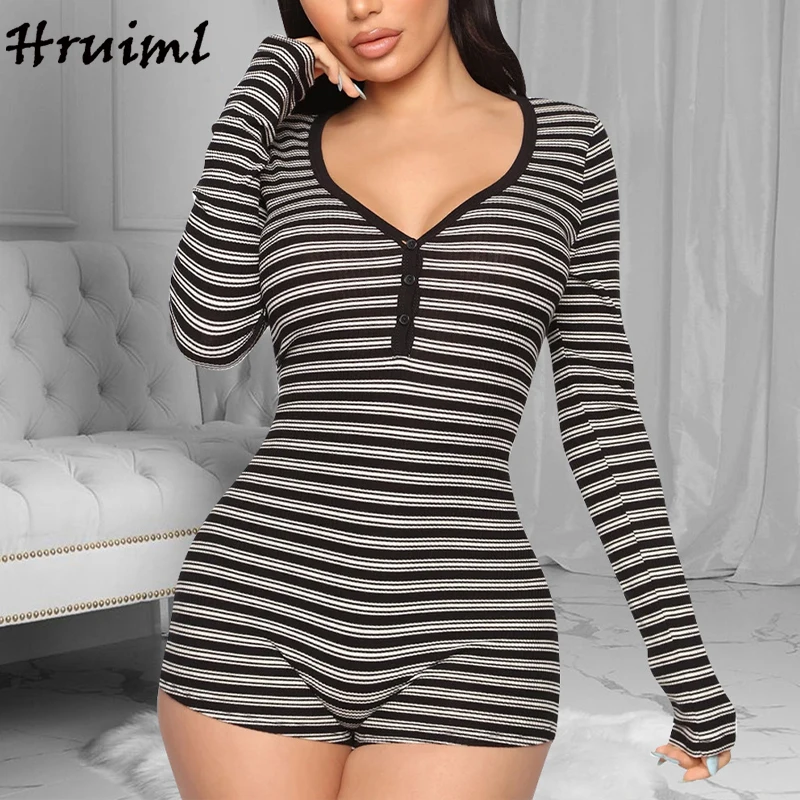 

Striped Clothes Home Casual Style Long Sleeve Jump Suits for Women Fashion Skinny Sexy V Neck Pantalones Cortos De Mujer