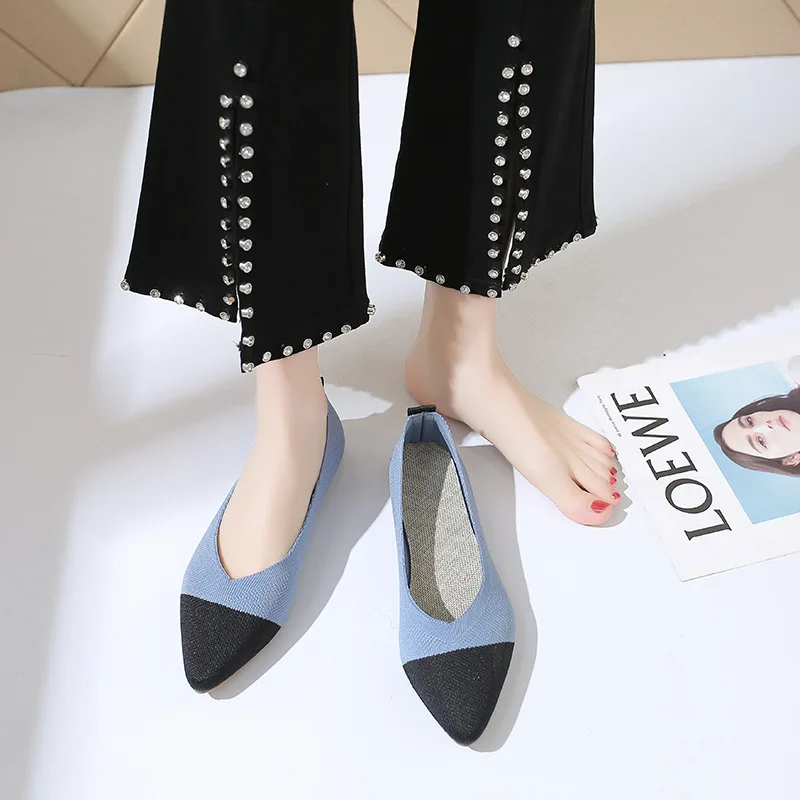 Spring 2021 New Woven Flats Shoes Women's Stretch Fabric Soft Bottom Shallow Mouth Pointed Breathable Korean Ballet Flats Shoes