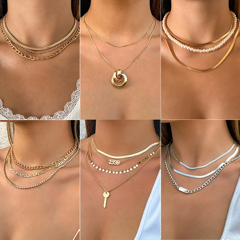 

Gothic Snake Chain Necklace Punk Geometry Layered Thick Choker Women's Fashion Imitation Pearls Clavicle Chain Girl Accessories