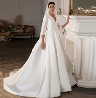 modest muslim wedding dress 2021 simple elegant v neck half sleeves satin bridal gowns robe de mariage