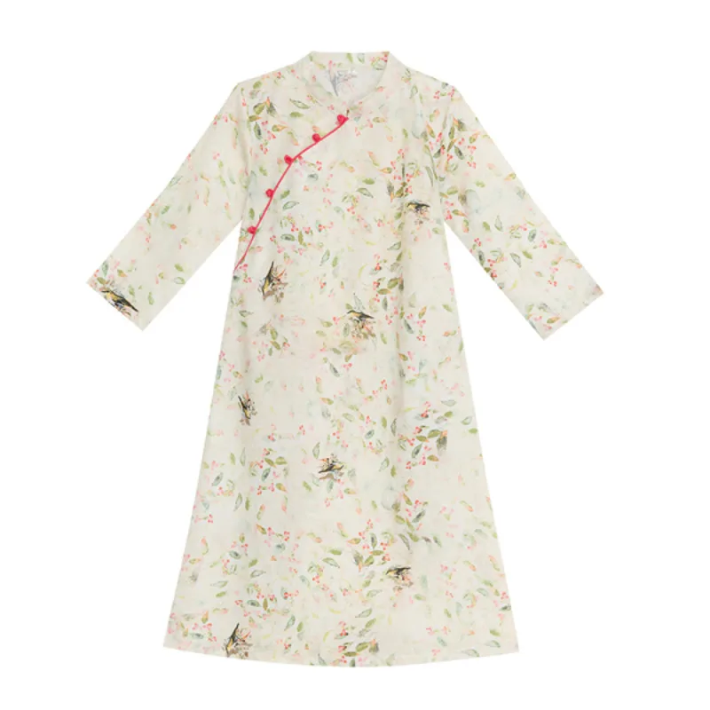 

Chinese Retro Frog Improved Cheongsam Ramie Dress Women's Spring and Summer Cotton and Linen 3/4 Sleeve Floral Zen Tea Gown