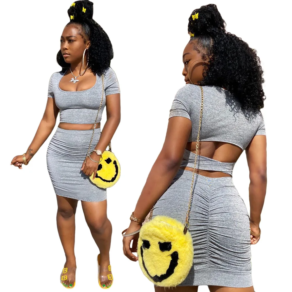 

Sexy women's two-piece women's monochrome pleated and pleated hollow-out dress set two-piece club wear