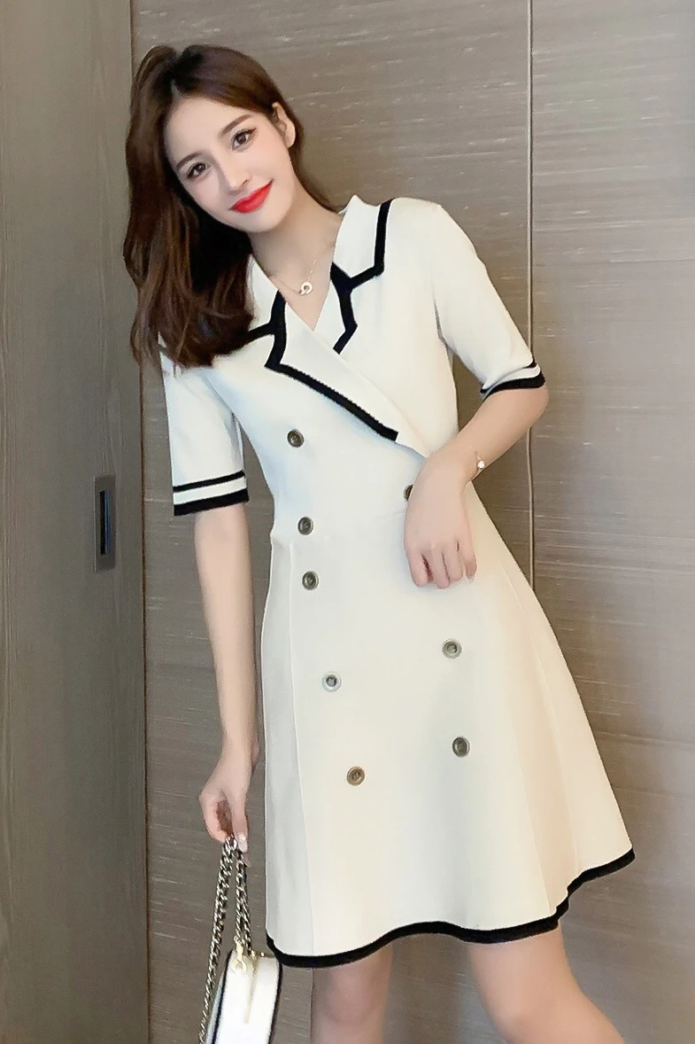 

Button V-Neck Short Sleeve Knitted Party Dress women Summer Korean French Vintage Vestidos Elegant Pullover Robe Femme