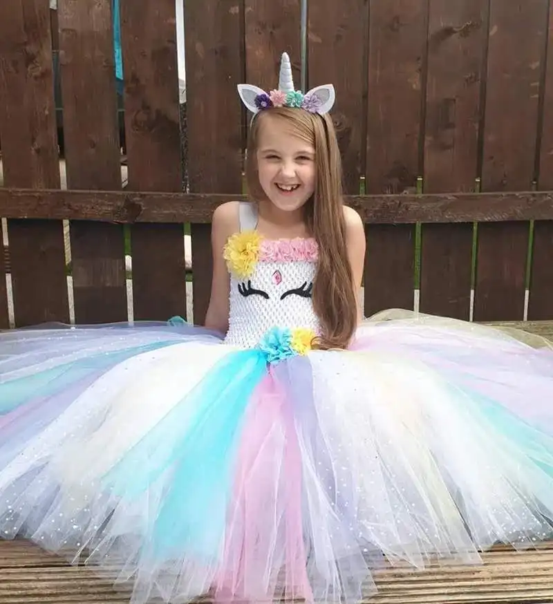 

Girls Unicorn Tutu Dress Kids Crochet Tulle Dress Ball Gown with Flower Hairbow Children Birthday Party Costume Cosplay Dresses