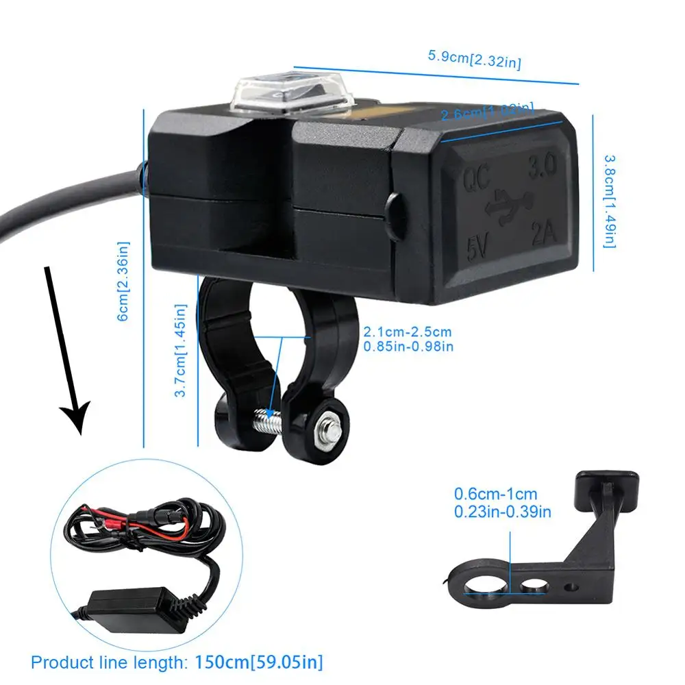 

New Motorcycle Dual USBQC3.0 Fast Charge Mobile Phone charger 9V-32V Voltmeter Dual Bracket Adapter Power for Phone Mobile